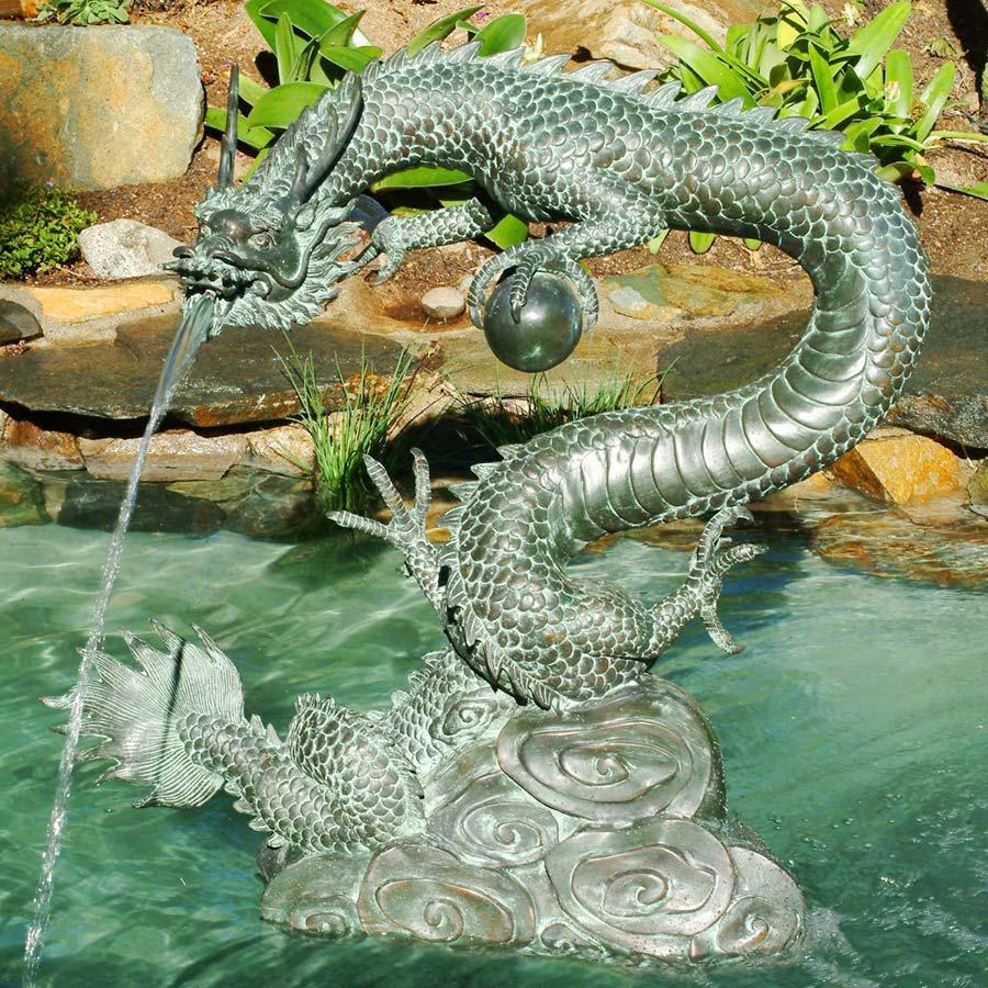 Asian Dragon with Power Orb Solid Bronze Garden Sculpture: Small